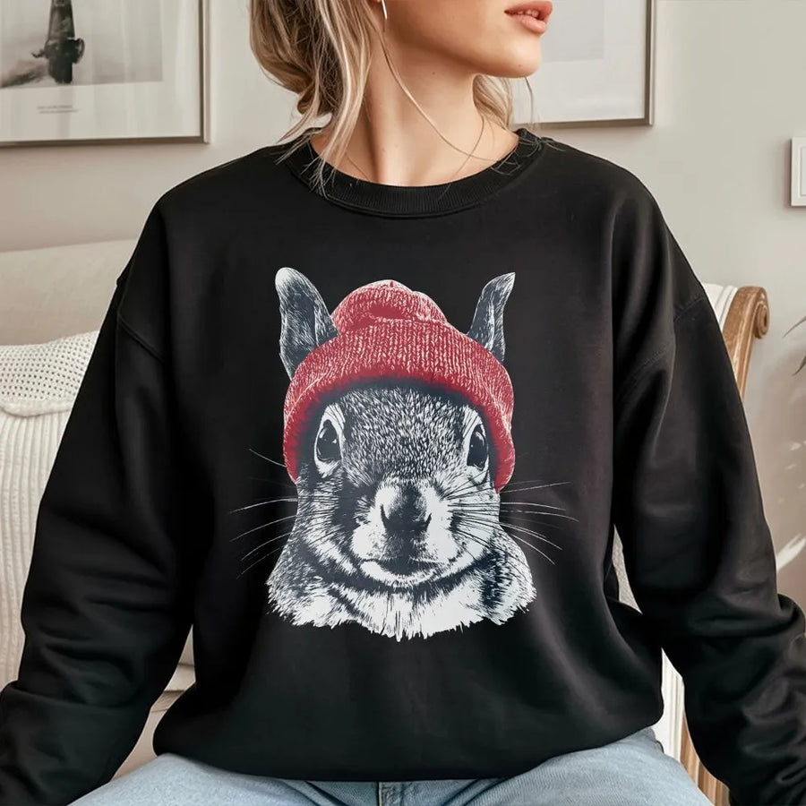 Squirrel Sweatshirt | Retro Wildlife Art with Red Beanie | Cozy Cotton Blend Pullover | Gift for Animal Lover