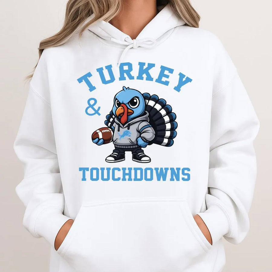 Turkey & Touchdowns Hoodie _ Detroit Football Thanksgiving Hoodie _ Lions Fan Turkey Hoodie _ Game Day Fall Football Hoodie