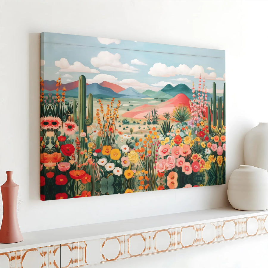 Desert Wildflower Canvas Wall Art | Colorful Botanical Saguaro Cactus Painting | Premium Thick Gallery Wrap | Boho Living Room Decor Gift