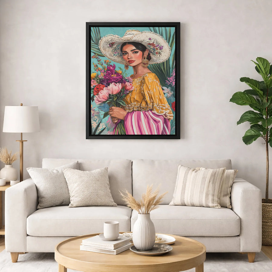 Boho Floral Woman Portrait Canvas | Vibrant Botanical Art Print | Premium 1.25-Inch Thick Gallery Wrap | Unique Feminine Home Decor Gift