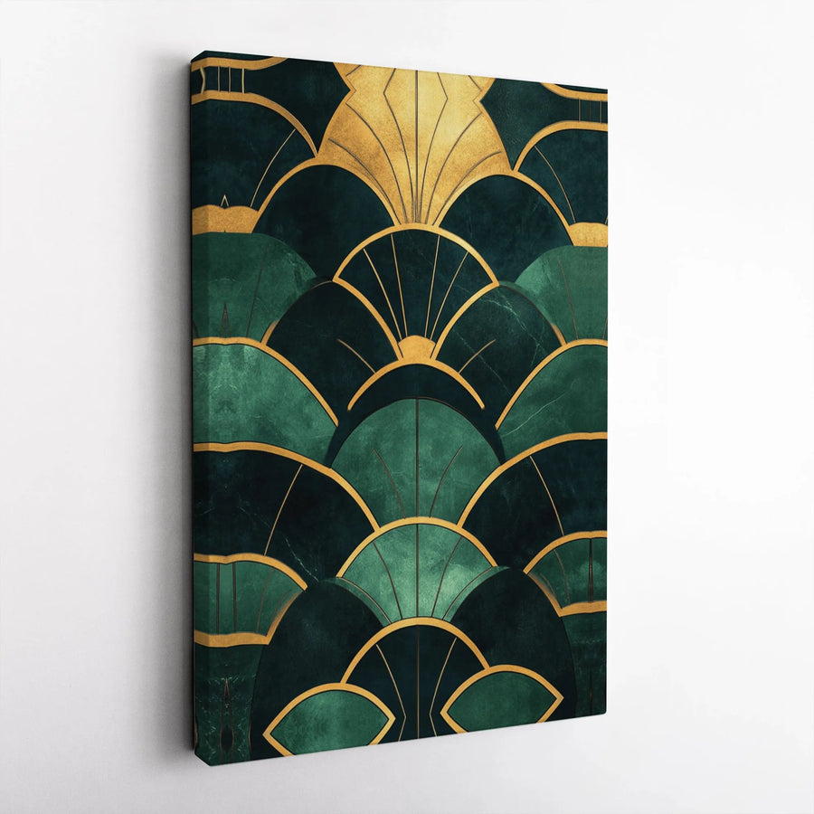 Art Deco Geometric Canvas | Emerald Green and Gold Fan Pattern | Premium Gallery-Wrapped Print | Elegant Home Office Wall Decor