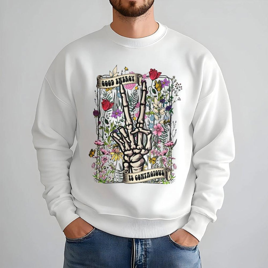 Good Energy Sweatshirt | Skeleton Peace Hand Floral Graphic | Soft Cotton Blend | Positive Vibes Gift For Her & Him