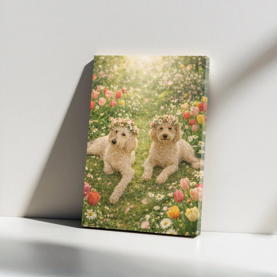 Goldendoodle Canvas Wall Art | Two Doodles with Flower Crowns in Spring Garden | Premium Gallery Wrapped Canvas | Gift for Dog Lover & Cottagecore Decor