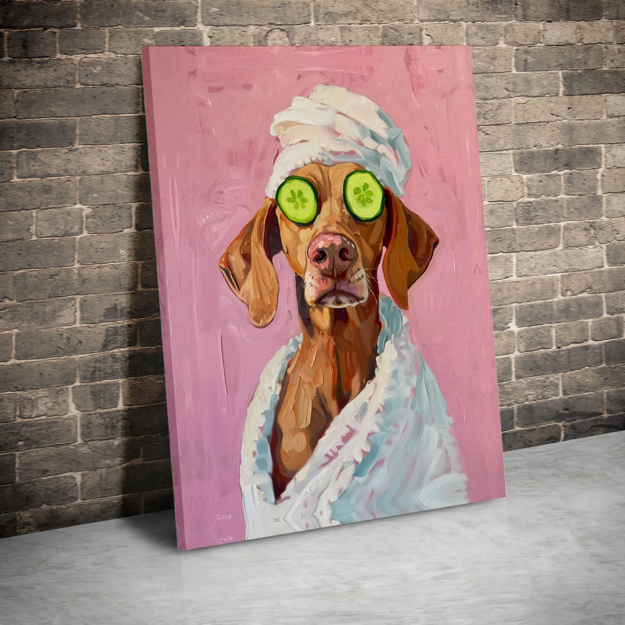 Funny Dog Spa Canvas Print | Vizsla with Cucumber Eyes Painting | Premium Gallery Wrap Wall Art | Unique Gift for Dog Lover, Bathroom Decor