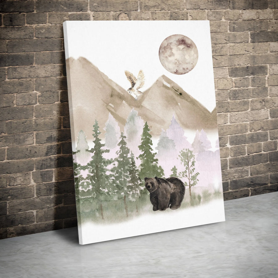 Watercolor Bear and Owl Canvas Wall Art | Mountain Forest Landscape | Premium Gallery-Wrapped Print | Nature Nursery or Home Decor Gift