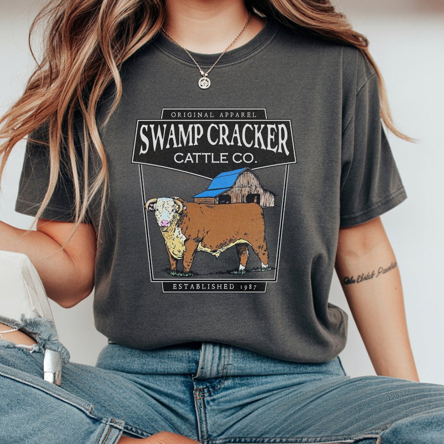 Swamp Cracker Cattle Co T-Shirt | Rustic Barn and Bull Graphic Design | Premium 100% Cotton | Western Country Gift for Farmers and Ranchers