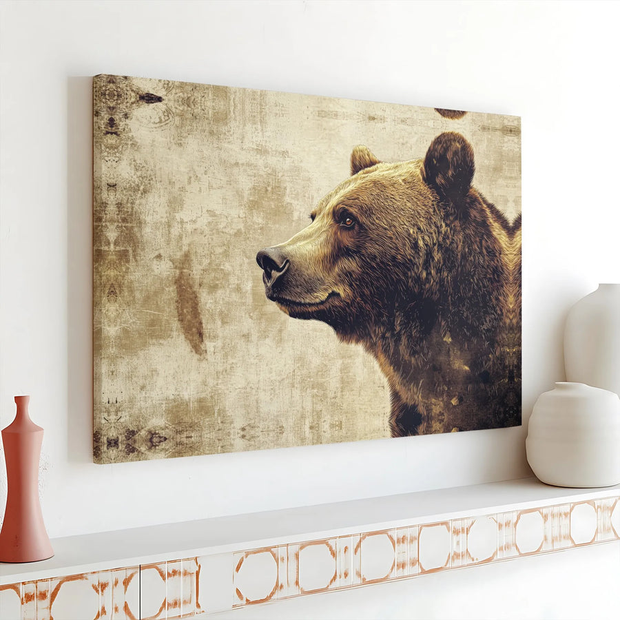 Grizzly Bear Canvas Wall Art | Rustic Wildlife Portrait Print | Premium Gallery Wrapped Canvas | Cabin Decor Gift for Nature Lovers