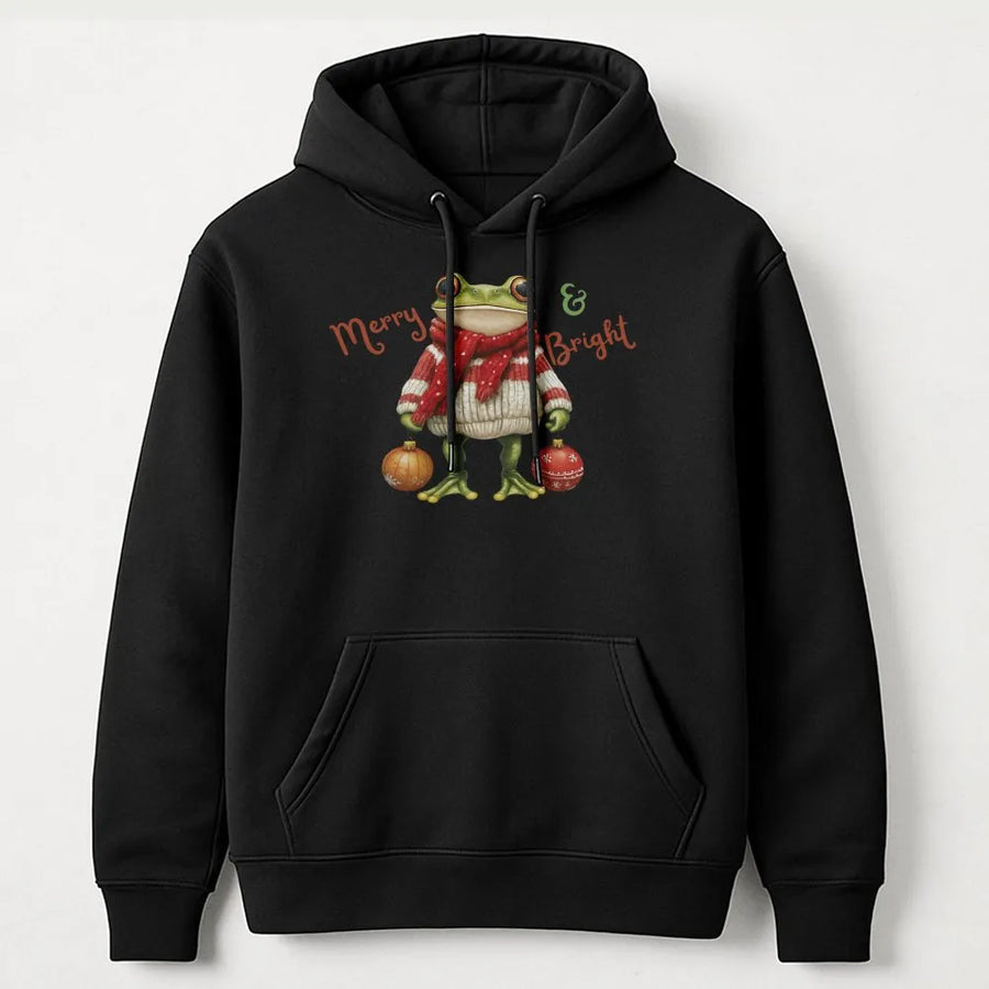 Christmas Frog Hoodie | Merry and Bright Holiday Sweater Design | Premium Cotton Blend | Cute Animal Graphic Gift for Men and Women