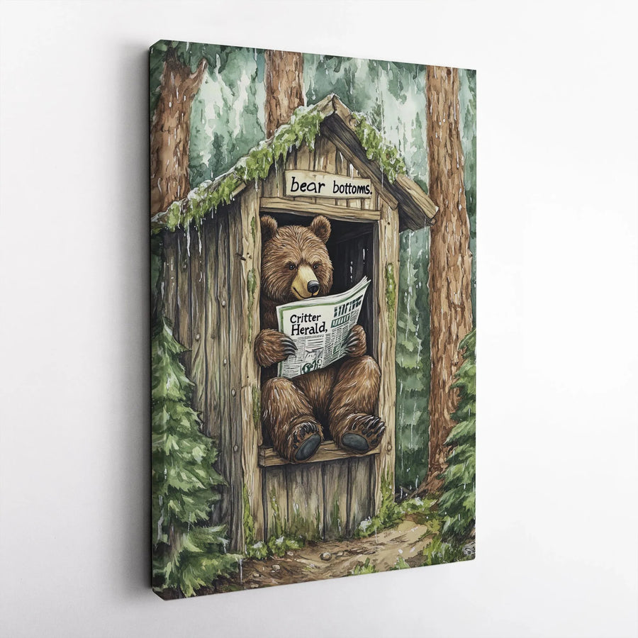Funny Bear in Outhouse Wall Art | Whimsical Animal Reading Newspaper Print | Premium Gallery Wrap Canvas | Rustic Bathroom Decor Gift for Bear Lovers
