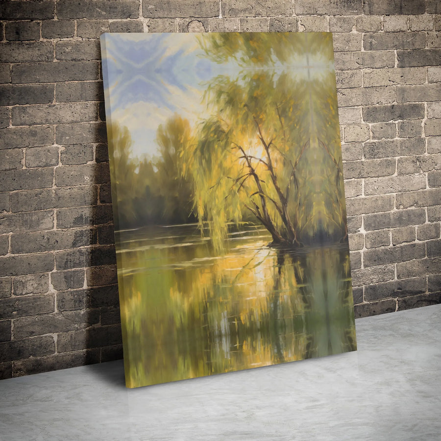 Weeping Willow Canvas Wall Art | Impressionist River Sunset Landscape | Premium Gallery Wrap Print | Serene Nature Decor for Living Room