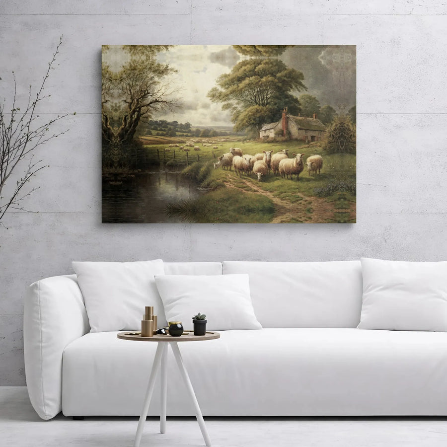 Pastoral Landscape Canvas Print | Sheep In Countryside Farmhouse Wall Art | Premium Gallery Wrap Decor | Farmhouse Living Room Gift
