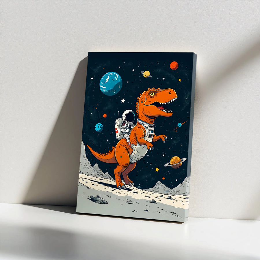 Astronaut Riding T-Rex Canvas Print | Whimsical Outer Space Scene | Premium 1.25" Thick Gallery Canvas | Unique Gift for Boys Room Decor