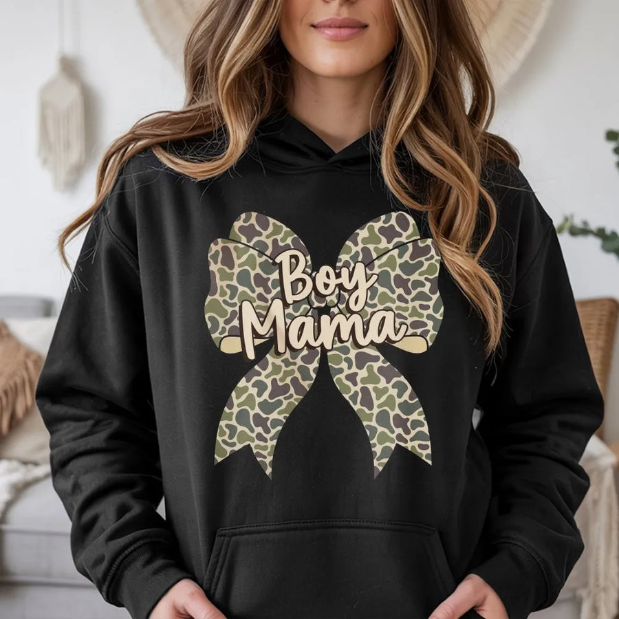 Boy Mama Hoodie | Camo Coquette Bow Graphic Design | Premium Cotton Blend | Gift For Mom, Mother's Day 2026 Present, Trendy Graphic Sweatshirt