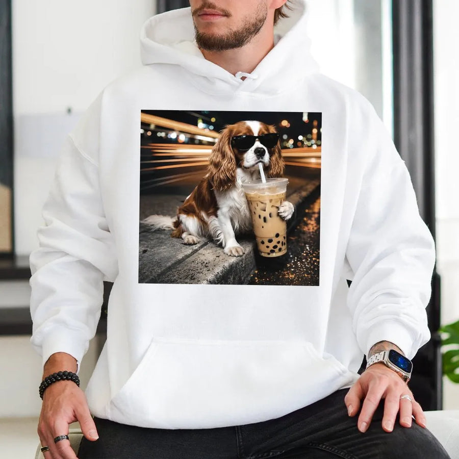 Cavalier King Charles Spaniel Hoodie | Funny Dog Drinking Boba Tea Graphic | Soft Cotton Blend | Unique Gift for Dog Lovers