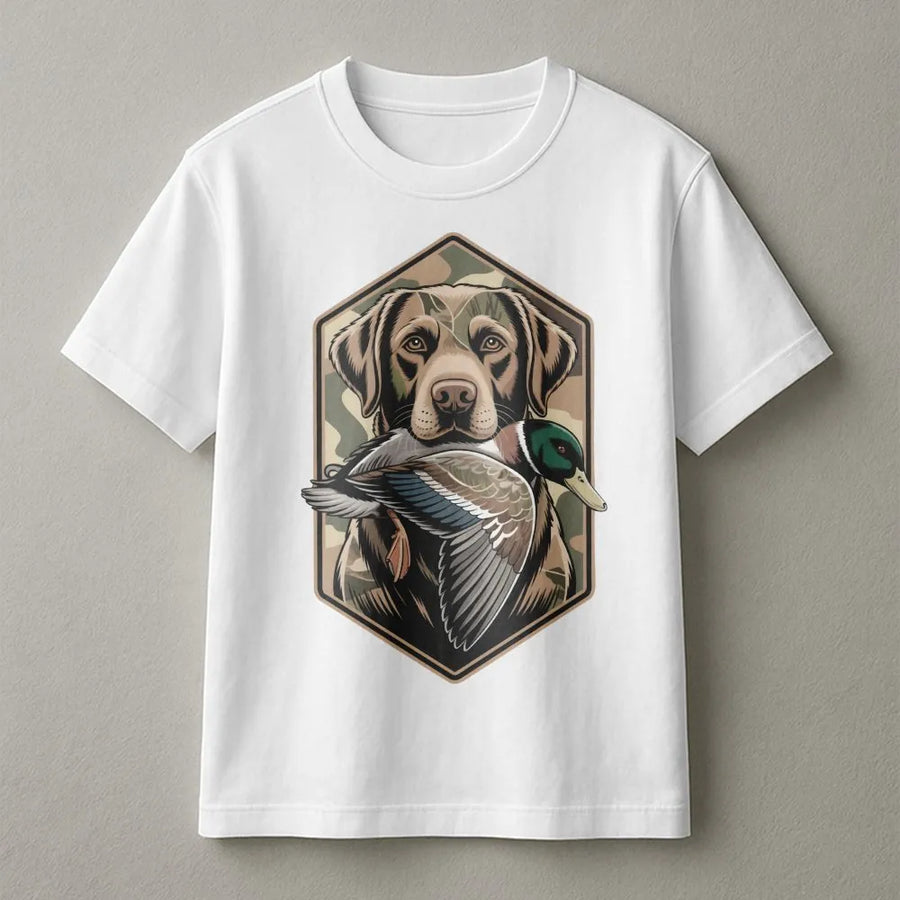 Duck Hunting Dog T-Shirt | Labrador Retriever With Mallard Duck Graphic | Premium 100% Cotton Tee | Gift for Hunters and Outdoor Enthusiasts