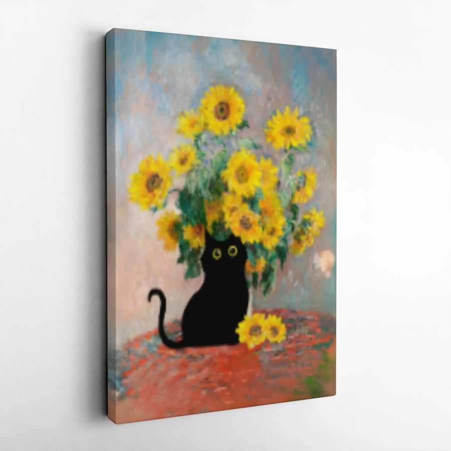 Black Cat Sunflower Canvas Art | Impressionist Floral Pet Portrait | Premium Gallery Wrap Decor | Whimsical Animal Lover Gift
