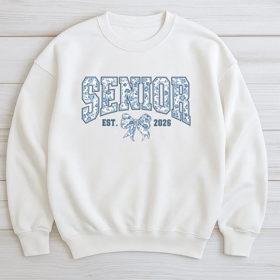 Senior 2026 Sweatshirt | Coquette Blue Floral Bow Design | Premium Cotton Blend | Graduation Gift for High School and College Students