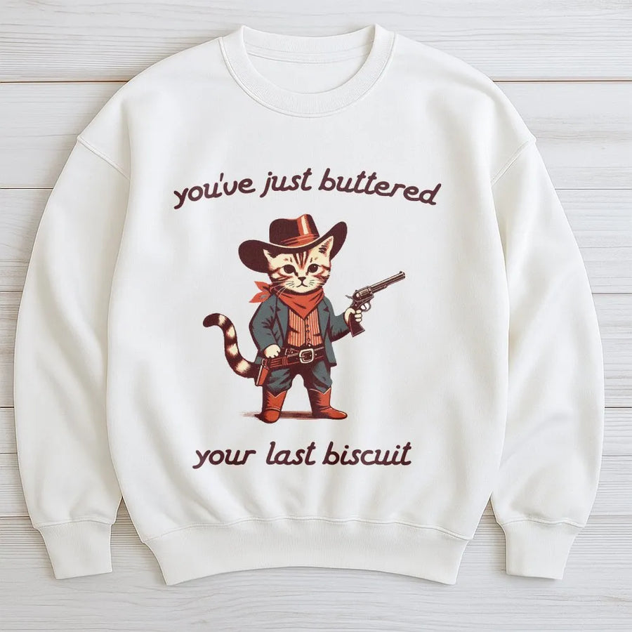 Cowboy Cat Sweatshirt | Funny Western Meowdy Partner Graphic | Premium Cotton Blend Crewneck | Cute Animal Lover Gift For Men And Women