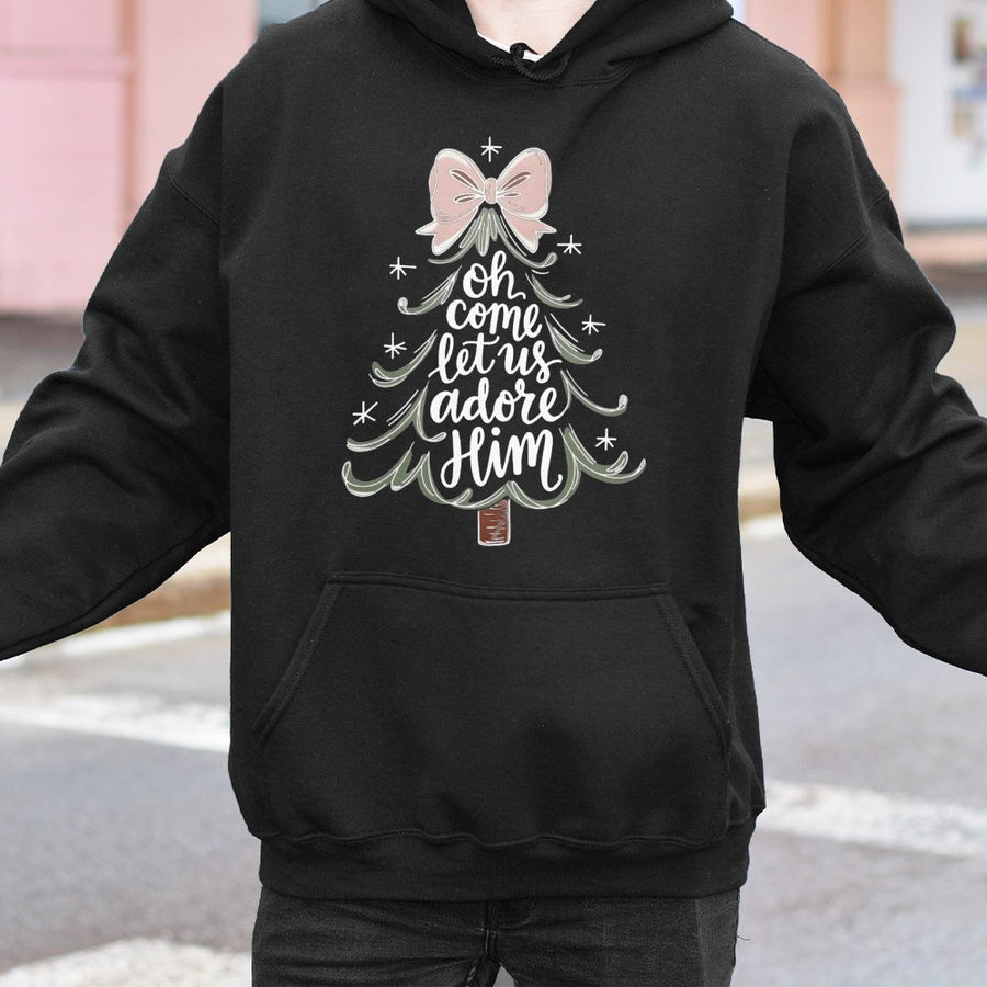 Oh Come Let Us Adore Him Hoodie | Aesthetic Christmas Tree Bow Design | Premium Cotton-Poly Blend | Religious Christian Christmas Gift For Her