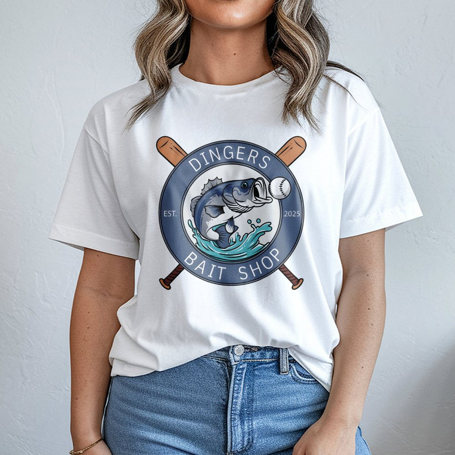 Dingers Bait Shop T-Shirt | Funny Bass Fishing Baseball Graphic | Premium Cotton Unisex Tee | Unique Fisherman Gift for Dad or Baseball Player
