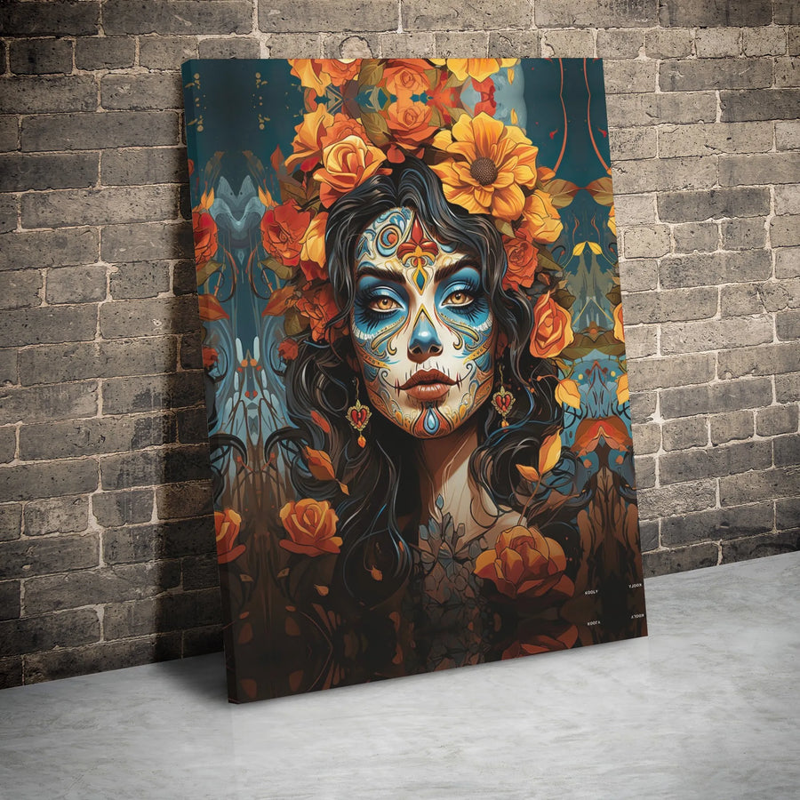 Day of the Dead Canvas Wall Art | Sugar Skull Woman with Floral Crown | Premium Gallery Wrap Print | Gothic Home Decor for Living Room