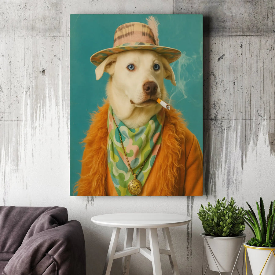 Dog Smoking Cigarette Wall Art | Retro 70s Fashion Husky Portrait | Premium Gallery Wrapped Canvas | Unique Eclectic Home Decor Gift