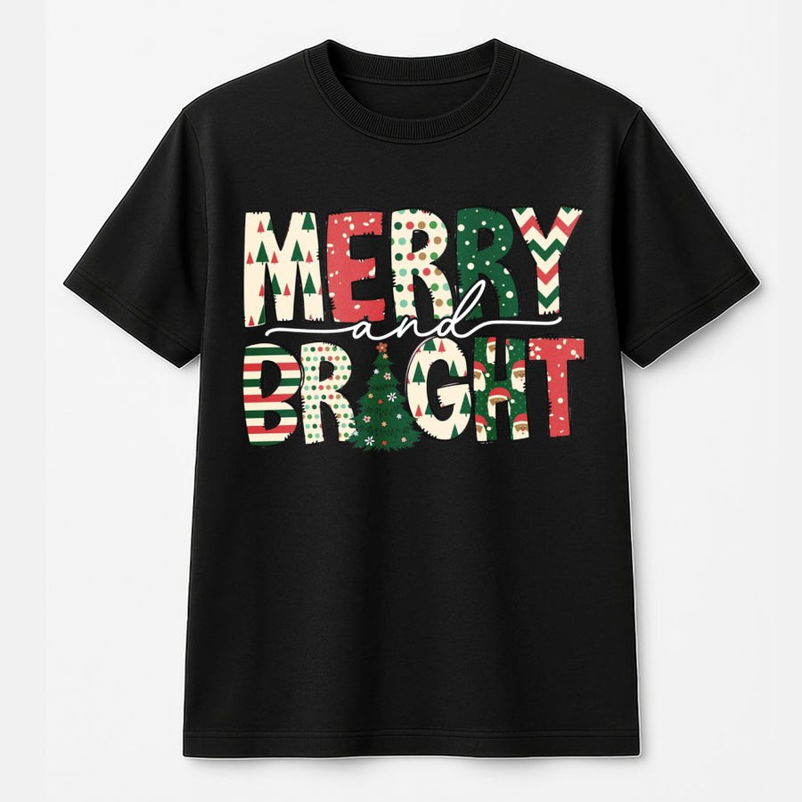 Merry and Bright Christmas T-Shirt | Festive Pattern Lettering Graphic Tee | Premium 100% Cotton Holiday Apparel | Cute Winter Gift for Women