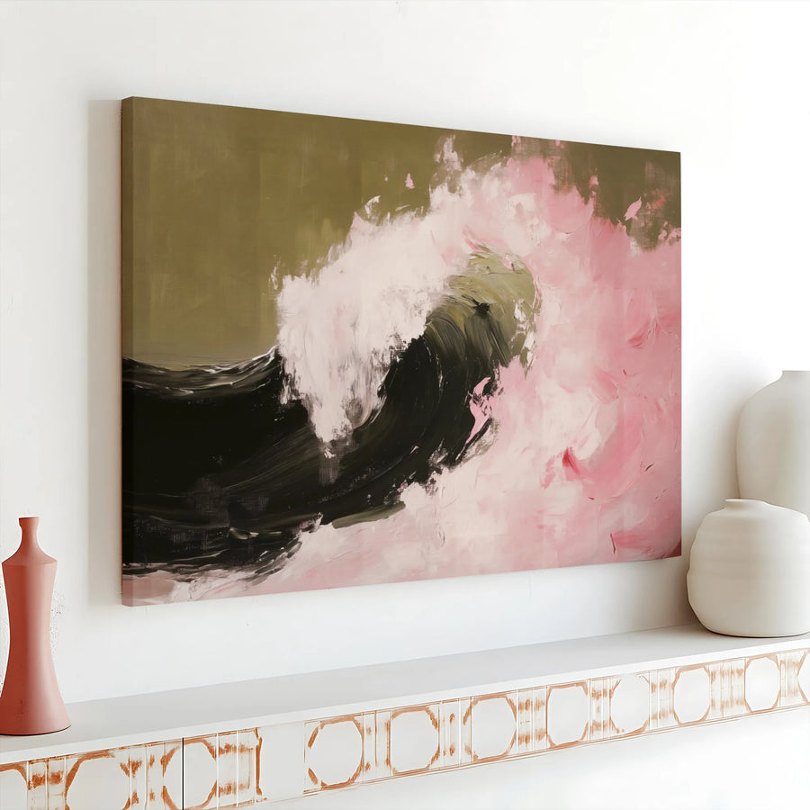 Abstract Wave Canvas Wall Art | Modern Pink and Olive Green Oil Painting Style | 1.25-Inch Gallery Wrap | Elegant Home Decor for Living Room