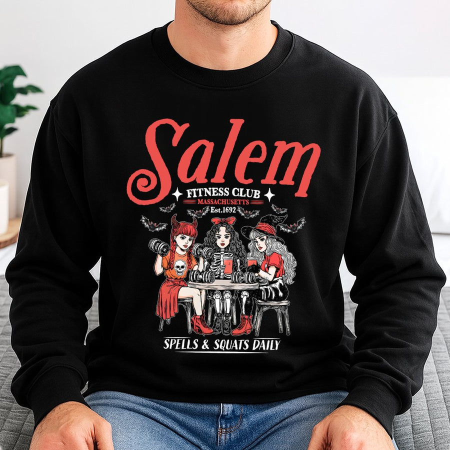 Salem Fitness Club Sweatshirt | Spells and Squats Daily Graphic | Vintage Witchy Gym Apparel | Funny Halloween Workout Gift for Women