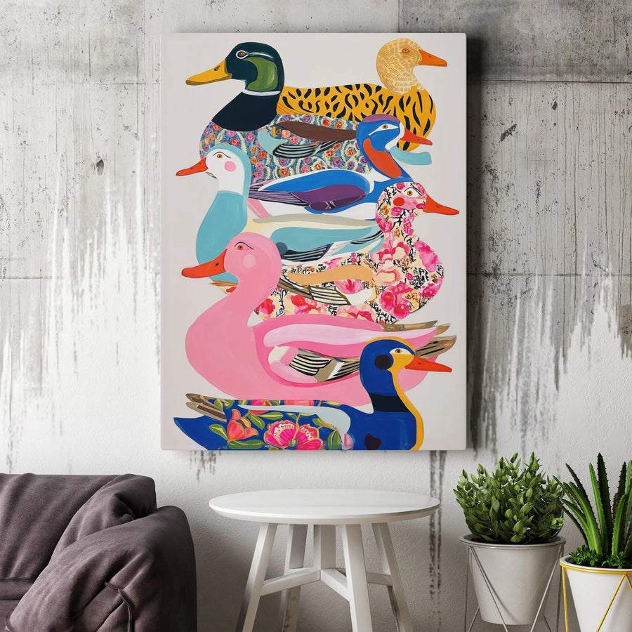 Stacked Ducks Wall Art | Whimsical Colorful Bird Illustration | Premium Gallery Wrapped Canvas | Farmhouse Nursery Decor & Gift