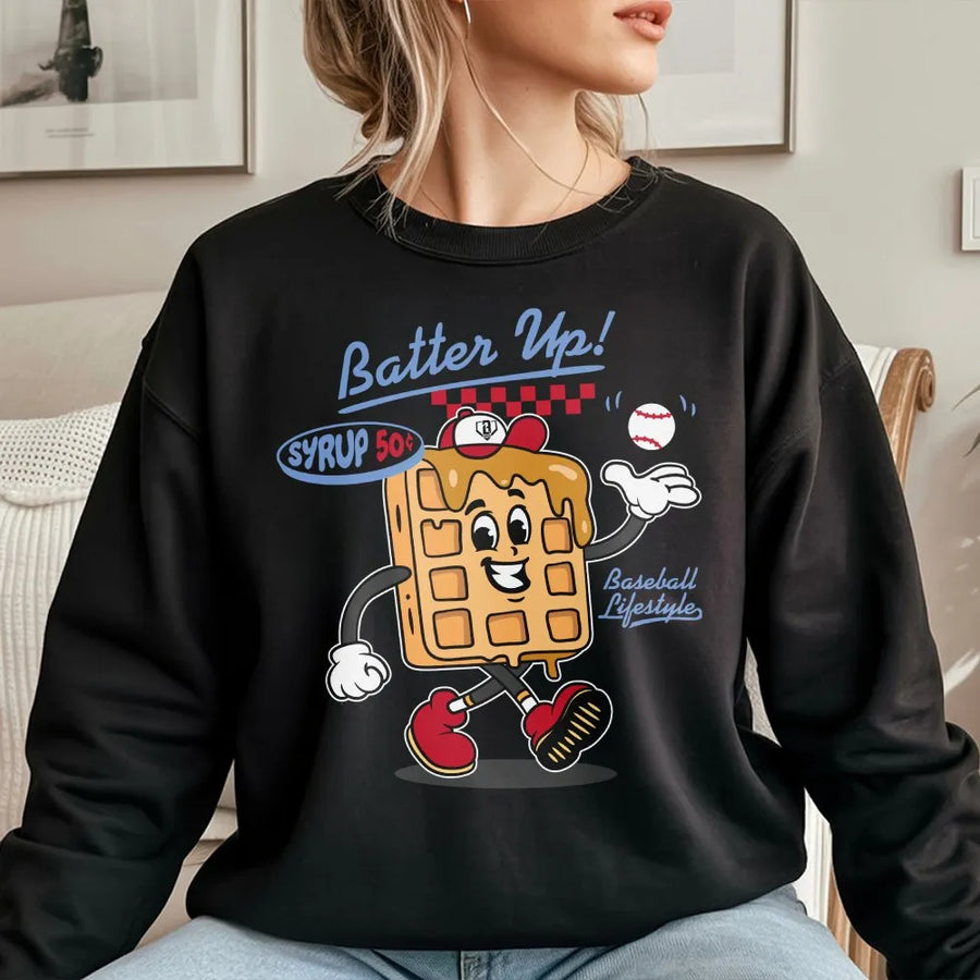 Funny Baseball Sweatshirt | Retro Waffle Cartoon Character | Soft Cotton Poly Crewneck | Gift for Sports Fan & Baseball Lover