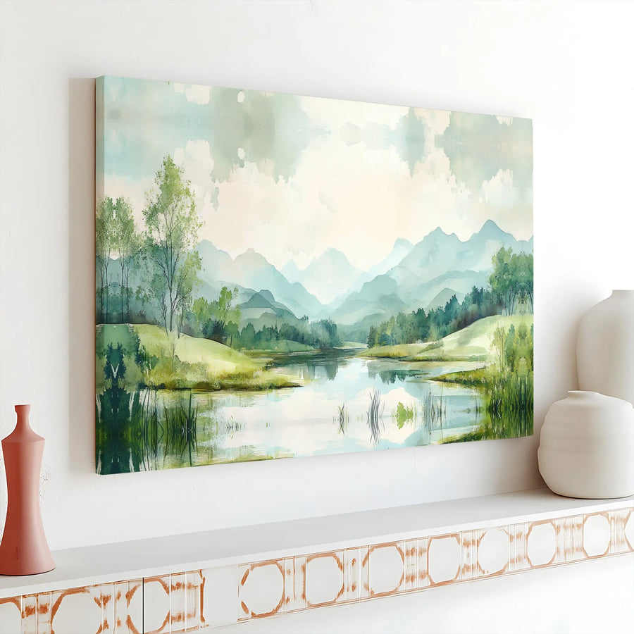 Watercolor Mountain Landscape Canvas | Serene Lake Wall Art | Gallery Wrapped Premium Print | Peaceful Nature Decor for Home or Office