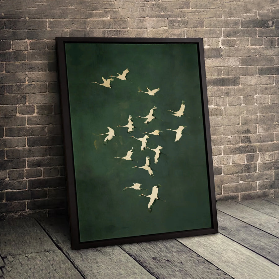Japanese Crane Wall Art | Flying Bird Flock Canvas Print | Premium Fade-Resistant Decor | Modern Nature Living Room Artwork
