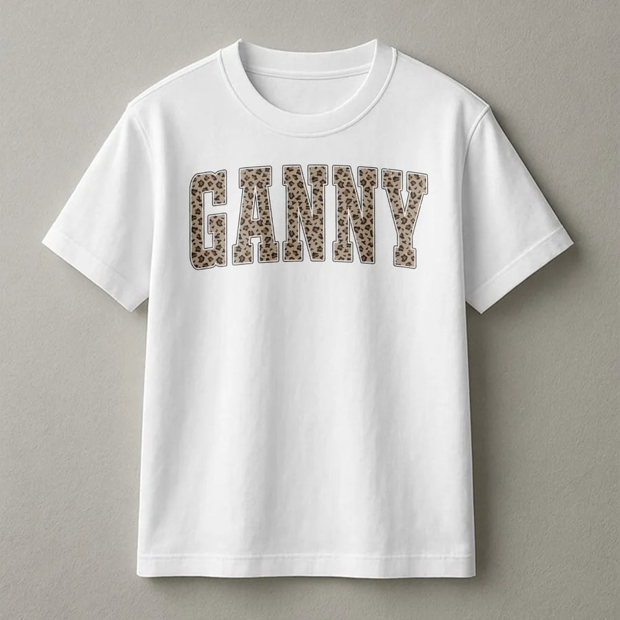 Ganny T-Shirt | Leopard Print Varsity Letter Crewneck for Grandma | Cozy Cotton Blend Pullover | Unique Mother's Day Gift for New Ganny, Pregnancy Announcement