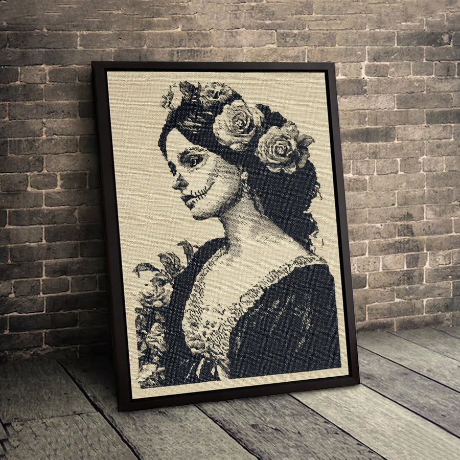Day of the Dead Wall Art | Vintage Sugar Skull Woman with Roses | Premium 1.25" Gallery Canvas | Gothic Home Decor Gift for Her