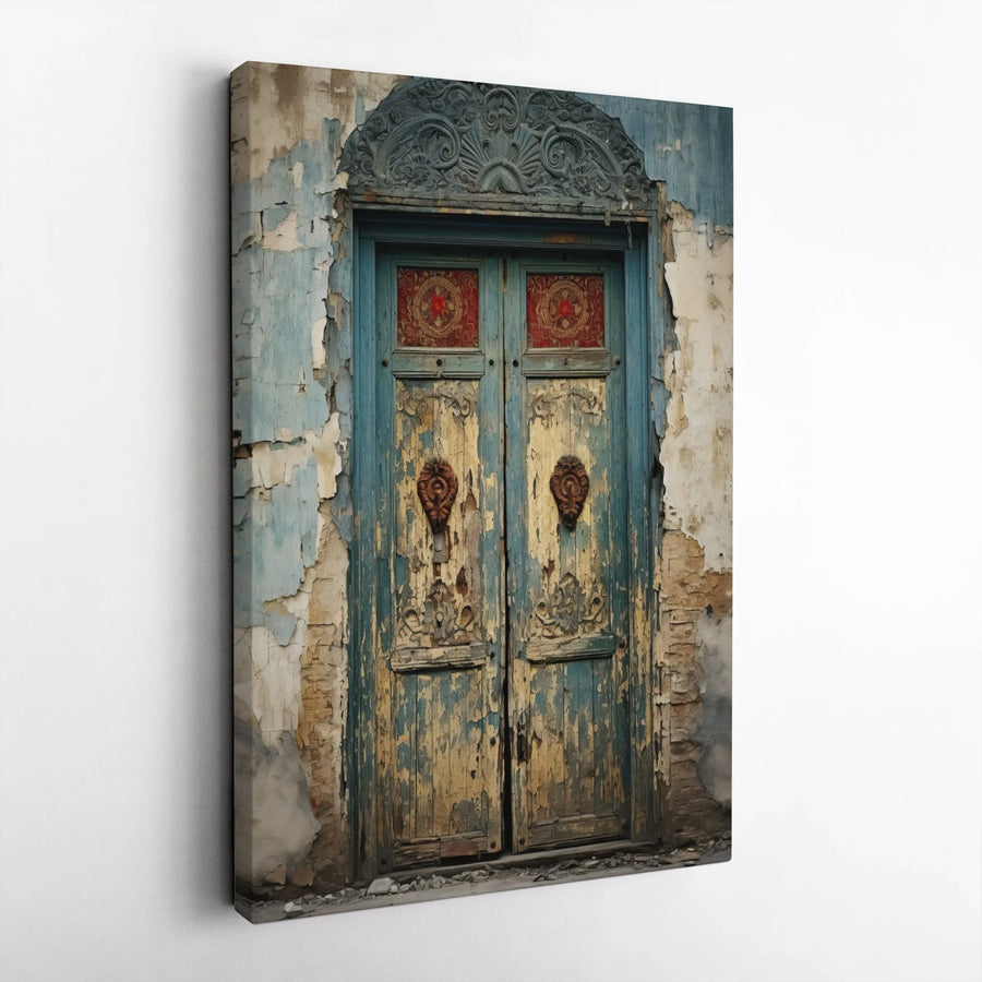 Rustic Blue Door Canvas Print | Weathered Architectural Wall Art | Premium Gallery-Wrapped Wood Frame | Farmhouse Home Decor for Living Room