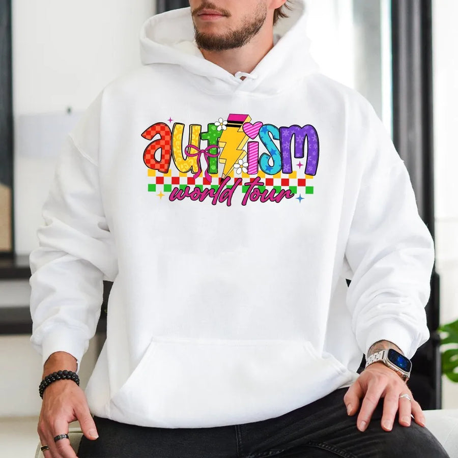 Autism Awareness Hoodie | Colorful Retro World Tour Graphic | Soft Cotton Blend Crewneck | Neurodiversity Acceptance Gift for Mom Teacher