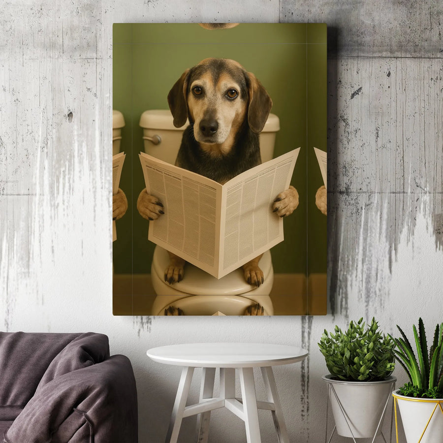 Funny Dog On Toilet Canvas Print | Quirky Bathroom Wall Art | Premium Fade-Resistant Gallery Wrap | Whimsical Gift For Dog Lovers