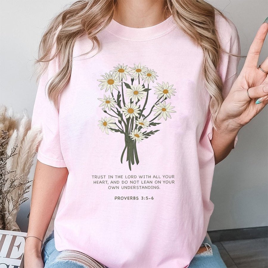 Proverbs 3:5-6 Bible Verse T-Shirt | Floral Daisy Scripture Design | Premium 100% Cotton Tee | Inspirational Christian Faith Gift for Women