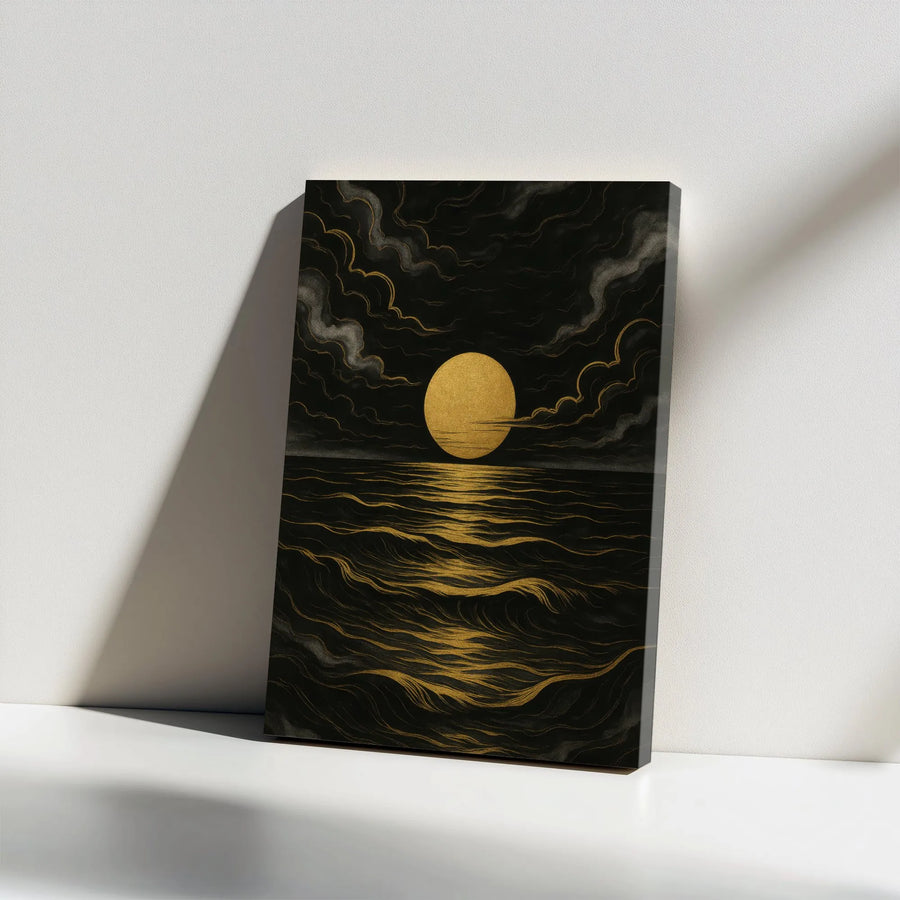 Gold Sun Canvas Wall Art | Dark Abstract Ocean Waves Decor | Premium Gallery Wrap Print | Modern Minimalist Living Room Decor