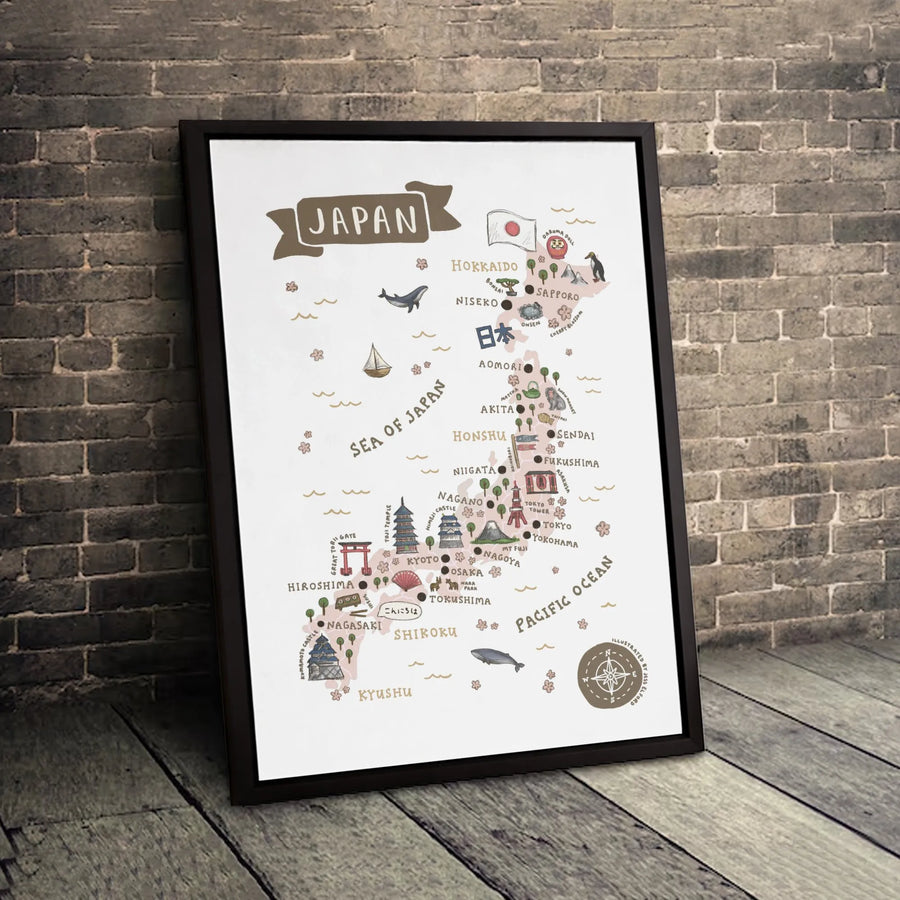 Japan Illustrated Map Print | Travel Wall Art with Landmarks | Premium Gallery Canvas | Home Decor Gift for Travelers