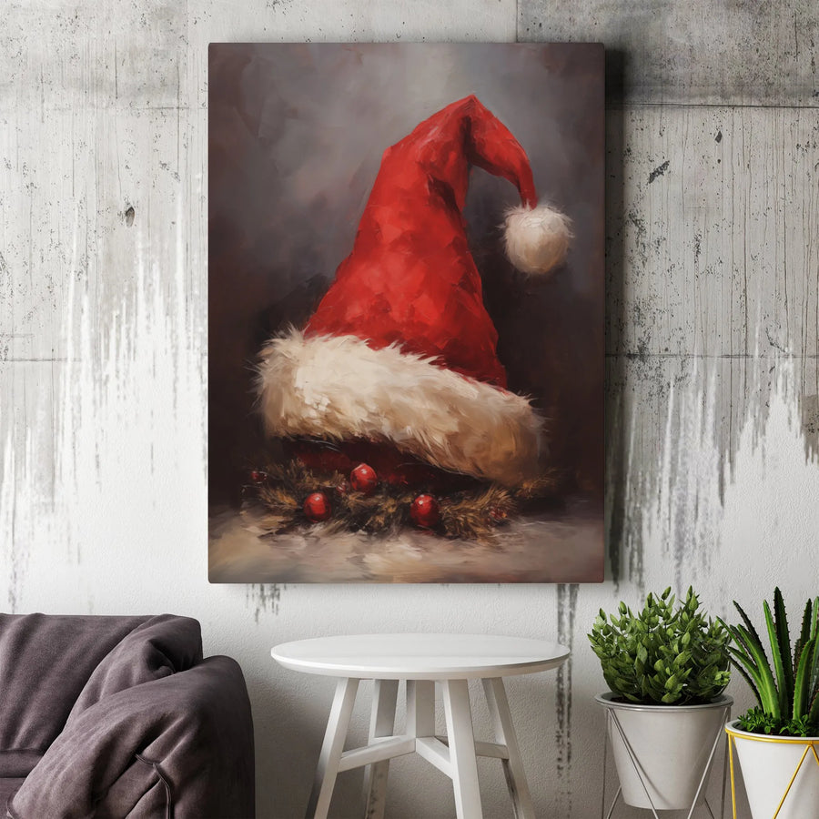 Santa Hat Canvas Wall Art | Impressionist Oil Painting Style | Premium 1.25 inch Gallery Wrap | Rustic Christmas Home Decor Gift