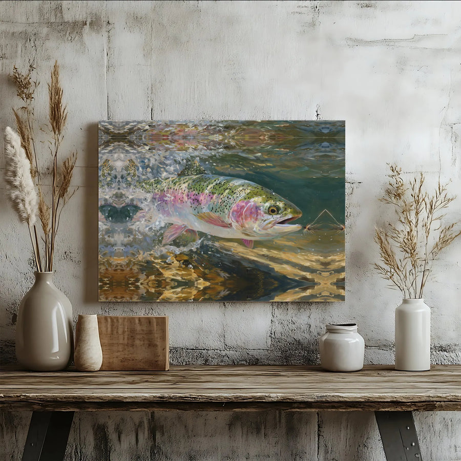 Rainbow Trout Fly Fishing Canvas Art | Realistic Underwater Wildlife Painting | Premium Gallery Wrapped Decor | Gift for Fisherman & Outdoorsman