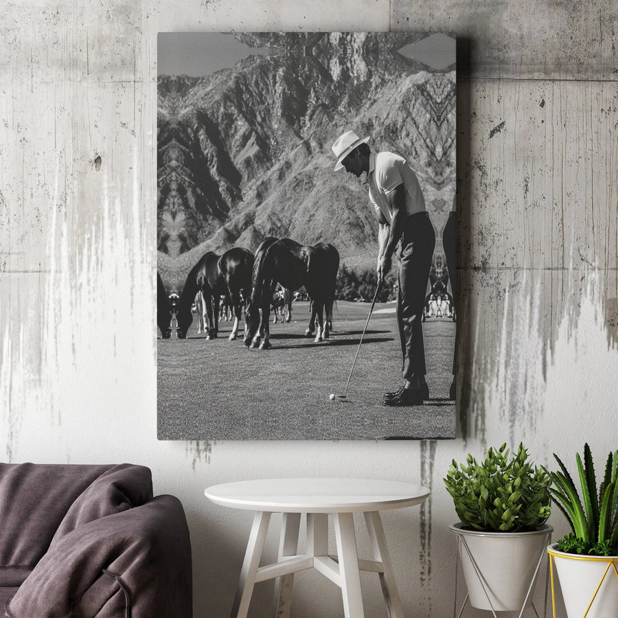 Vintage Golf Wall Art | Golfer Putting With Horses Landscape | Premium Gallery Wrapped Canvas Print | Sophisticated Office or Home Decor Gift