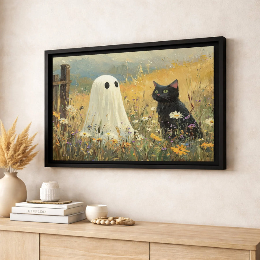 Ghost and Black Cat Canvas Art | Whimsical Wildflower Meadow Painting | Premium Gallery Wrap Print | Spooky Cute Halloween Home Decor