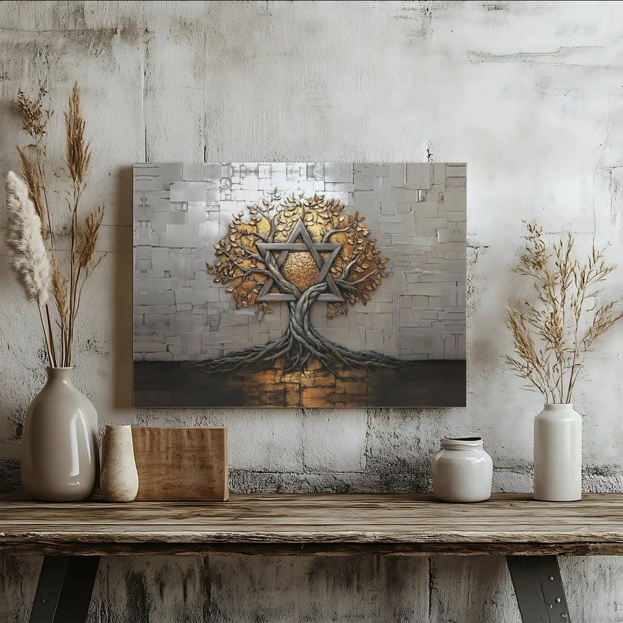 Tree Of Life Canvas Art | Golden Star Of David Wall Decor | Premium 1.25 Inch Thick Gallery Wrap | Spiritual Jewish Home Gift