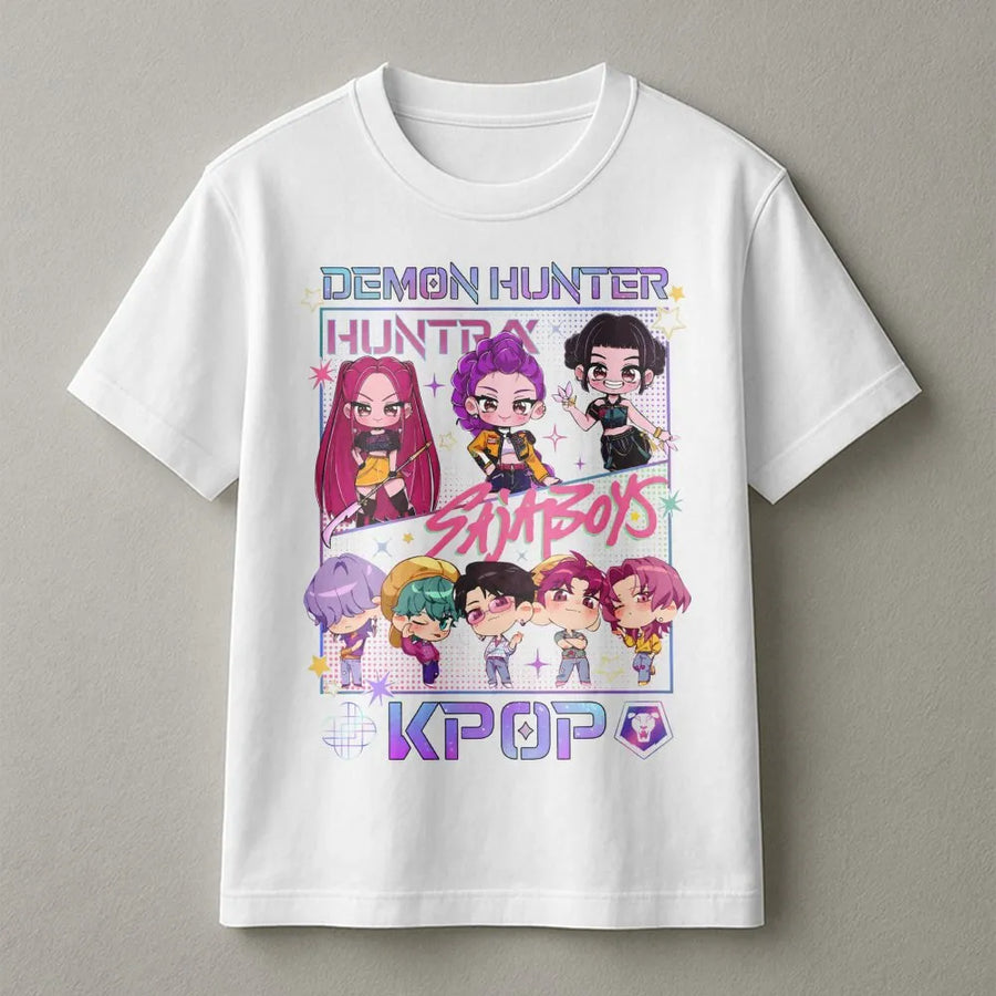 K-Pop Chibi Anime T-Shirt | Demon Hunter Graphic Art | Premium Cotton Unisex Tee | Gift for K-Pop Fans and Manga Lovers
