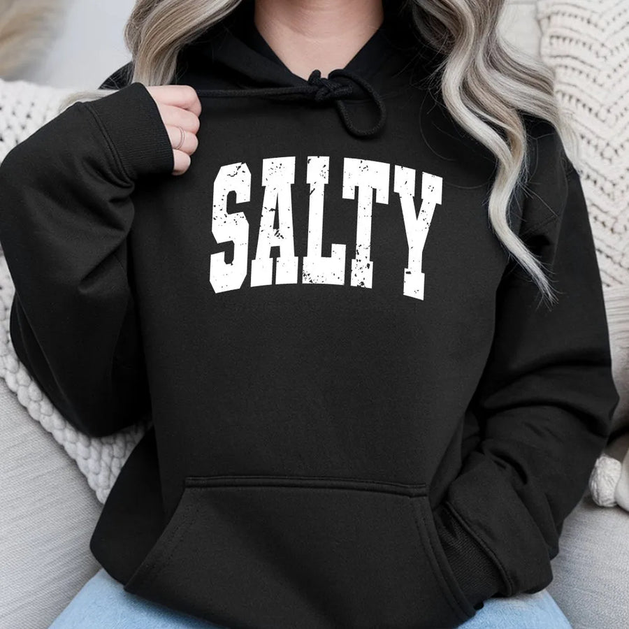 Salty Hoodie | Distressed Varsity Graphic Crewneck | Premium Cotton Blend | Gift for Beach and Ocean Lover