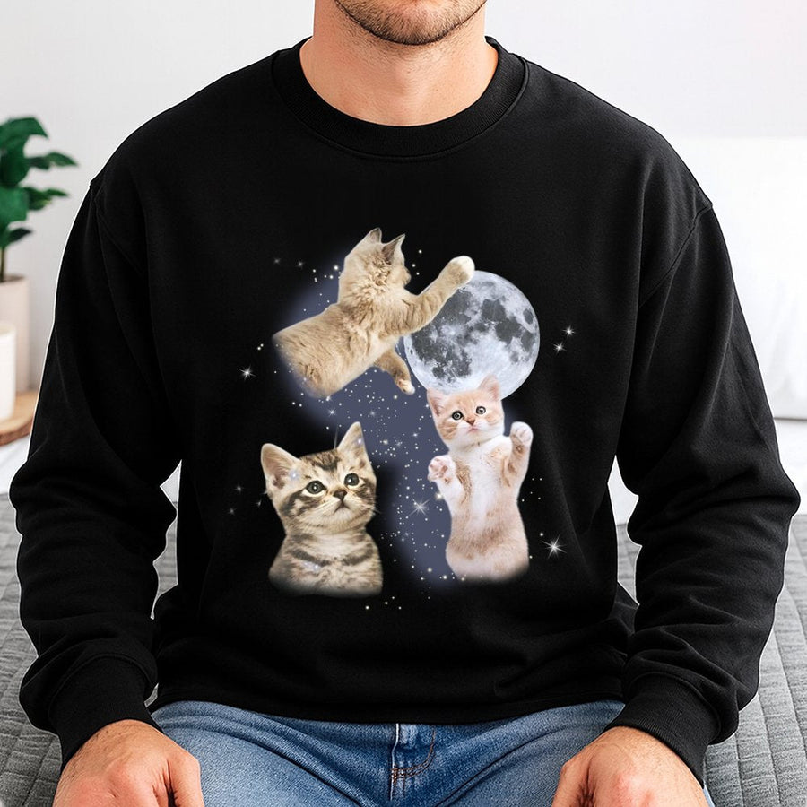 Three Cats Moon Sweatshirt | Celestial Kitten Graphic Design | Cotton-Blend Cozy Premium Fabric | Funny Cat Lover Gift For Men And Women