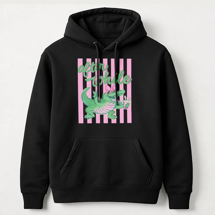 After While Crocodile Hoodie | Funny Pink & Green Gator Graphic | Soft Cotton Blend | Preppy Beach Vacation Gift for Women
